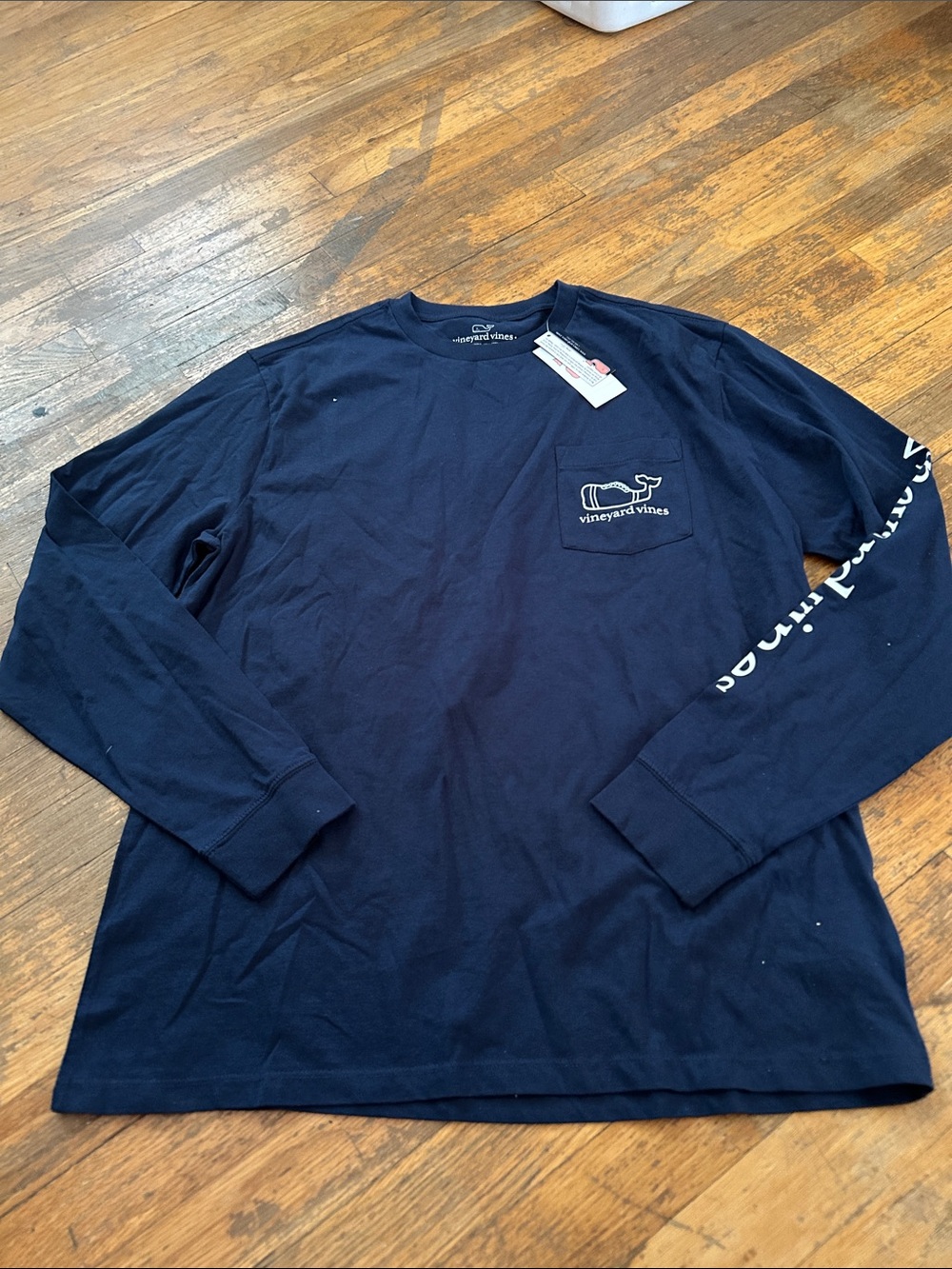 Vineyard Vines Navy Long-Sleeve Pocket Tee with White Logo